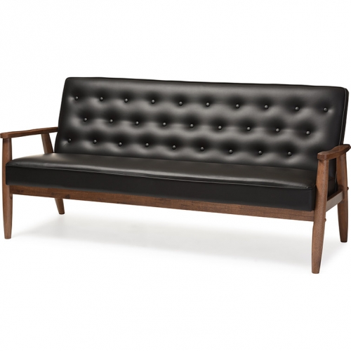 Sorrento Sofa in Tufted Black Leatherette & Walnut